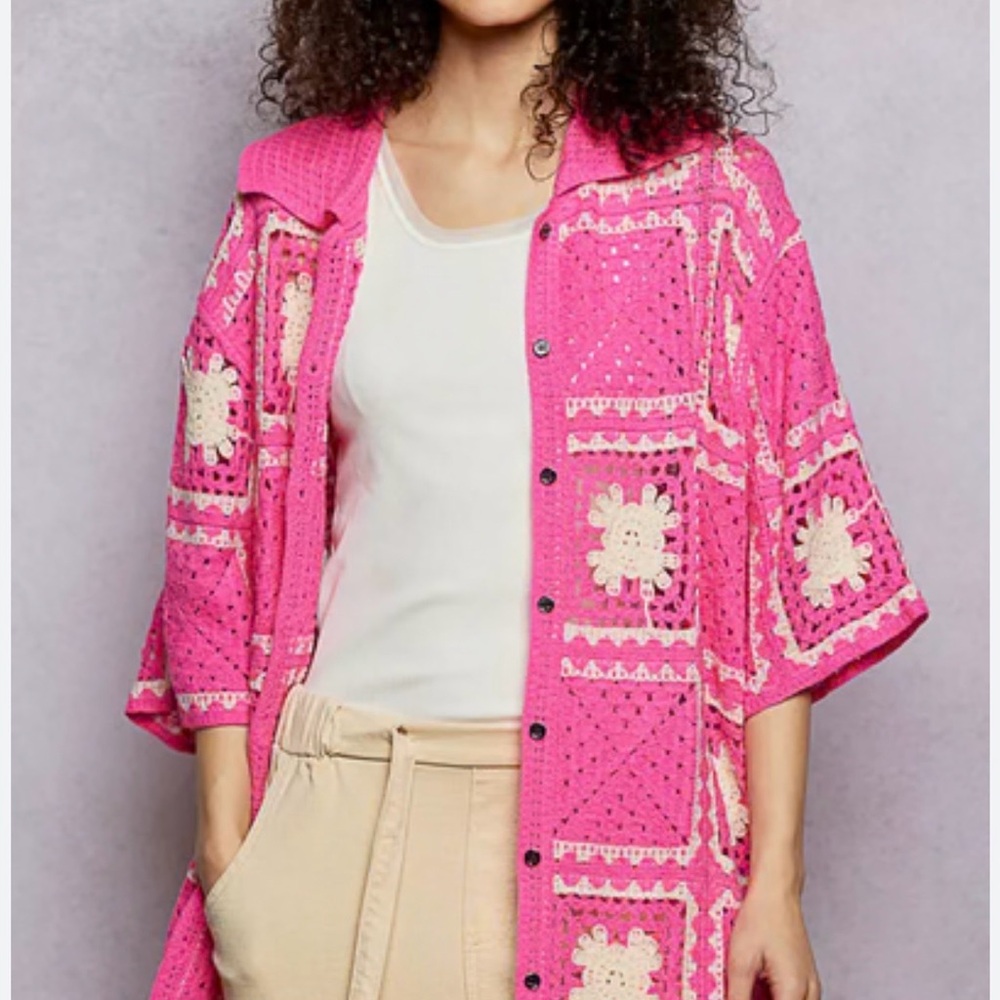 POL Button Down Openwork Floral Crochet Shirt with a granny square pattern